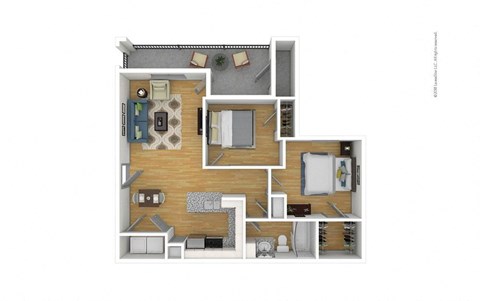 Floor plan for 2 beds, 1 bath, 859 sqft